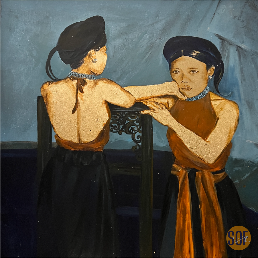 A painting of two women wearing black and orange dresses, with black hair and pearl jewelry. One woman is facing away and the other is facing forward, touching the first woman's shoulder and arm, with a neutral expression.