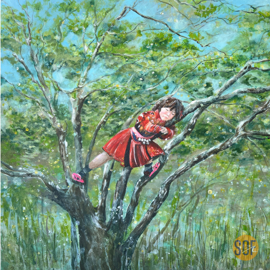 napping girl on tree in the north of vietnam 