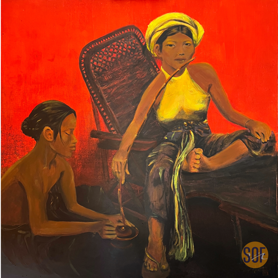 Painting of two women against a red background, one sitting on a chair wearing a yellow headscarf and holding a cigar, the other kneeling and holding a fan.