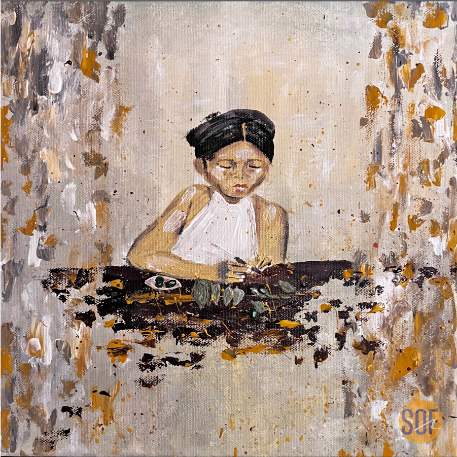 A painting of a young girl with black hair in a bun, wearing a white sleeveless top, sitting at a table and sketching or writing with a pencil. The background is abstract with beige, gray, white, and mustard-colored brushstrokes.