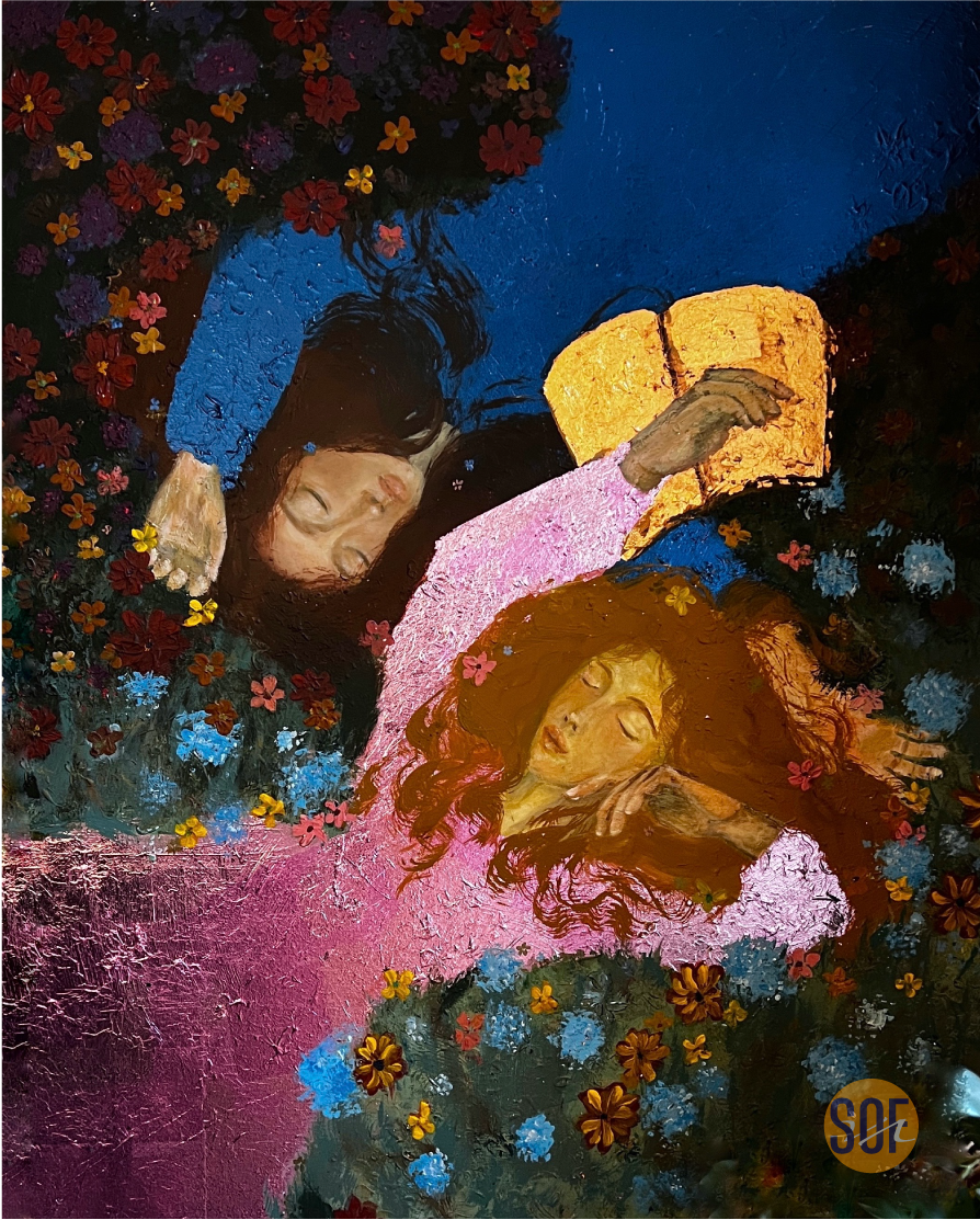 A painting of two women lying down amidst colorful flowers; one woman with brown hair is dressed in pink and the other with black hair is dressed in blue.