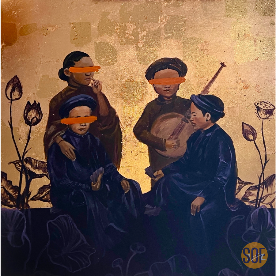 A mural of four people, three women and one man, sitting and standing around, with a floral background. The women are dressed in dark, traditional clothes, and the man is holding a stringed instrument. The faces are obscured with orange bars covering
