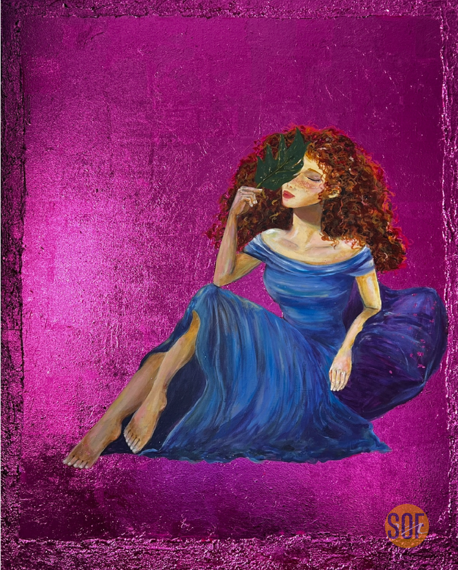 Painting of a woman with curly red hair in a blue dress, sitting on a purple cushion against a pink textured background, holding a green leaf in front of her face.