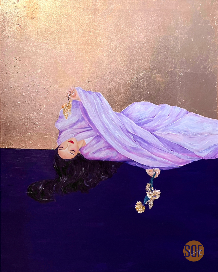 A painting of a woman with long black hair, lying down with her eyes closed. She is wearing a flowing lavender dress, holding flowers in one hand, with a soft, pinkish background and a dark, almost black surface underneath.