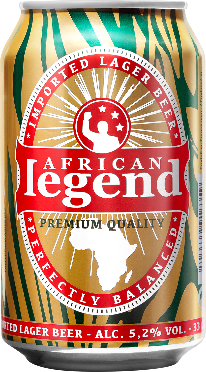 A can of African Legend Export Lager Beer with an image of Africa and a figure raising a fist, indicating a premium quality imported lager from a well-rated African beer brand.
