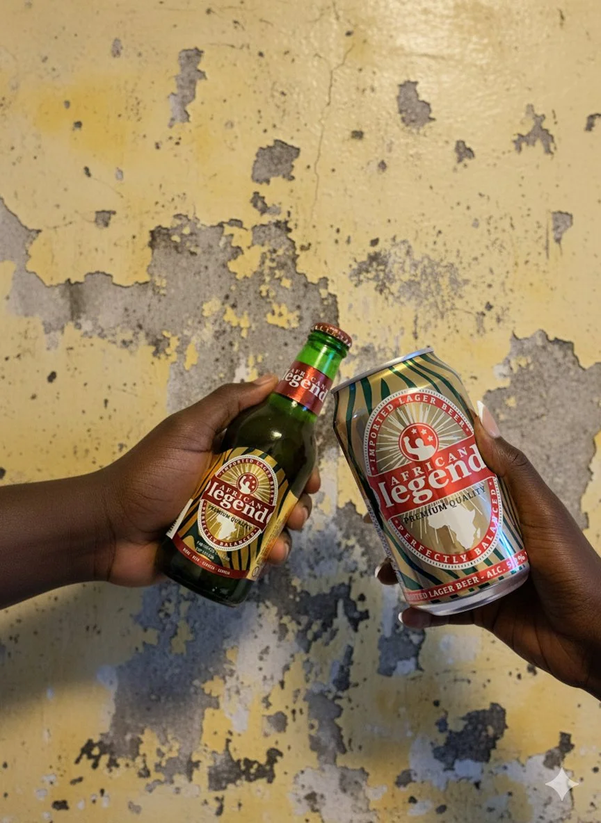 Two hands holding a bottle and a can of African Legend beer against a weathered yellow wall.