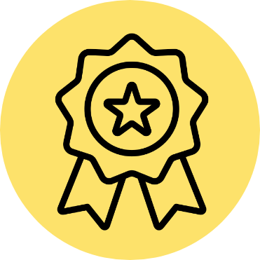Award ribbon with a star in the center, on a yellow circular background.