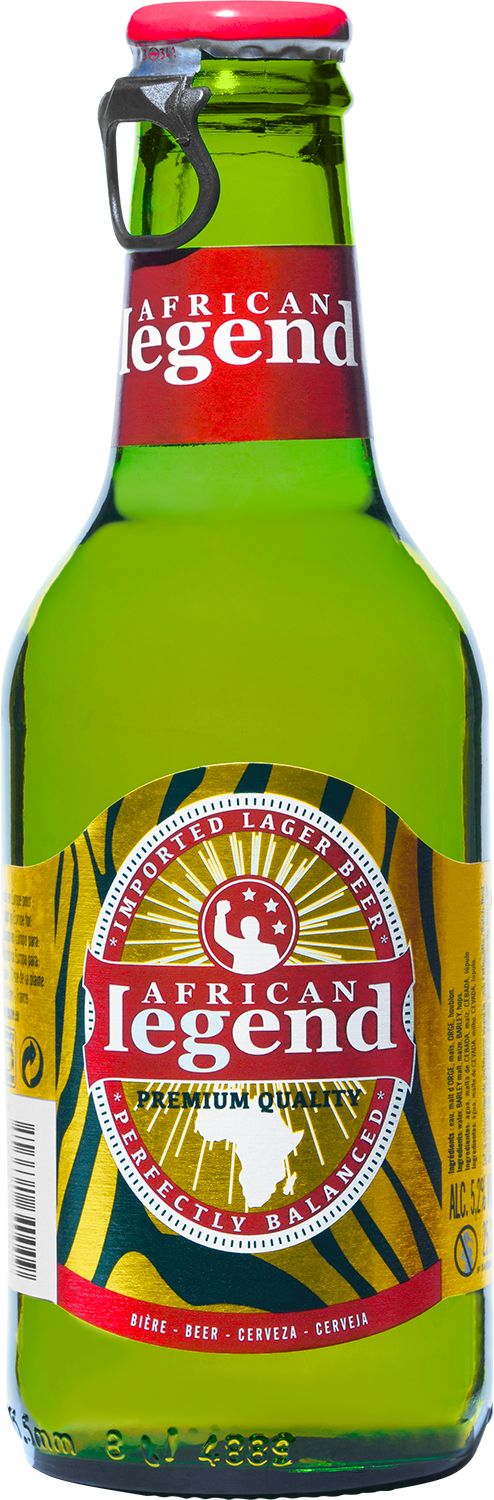 Green glass bottle of African Legend premium lager beer with a red and yellow label featuring a muscular arm holding a star, and a white silhouette of Africa. The bottle has a red cap and a black ring pull.