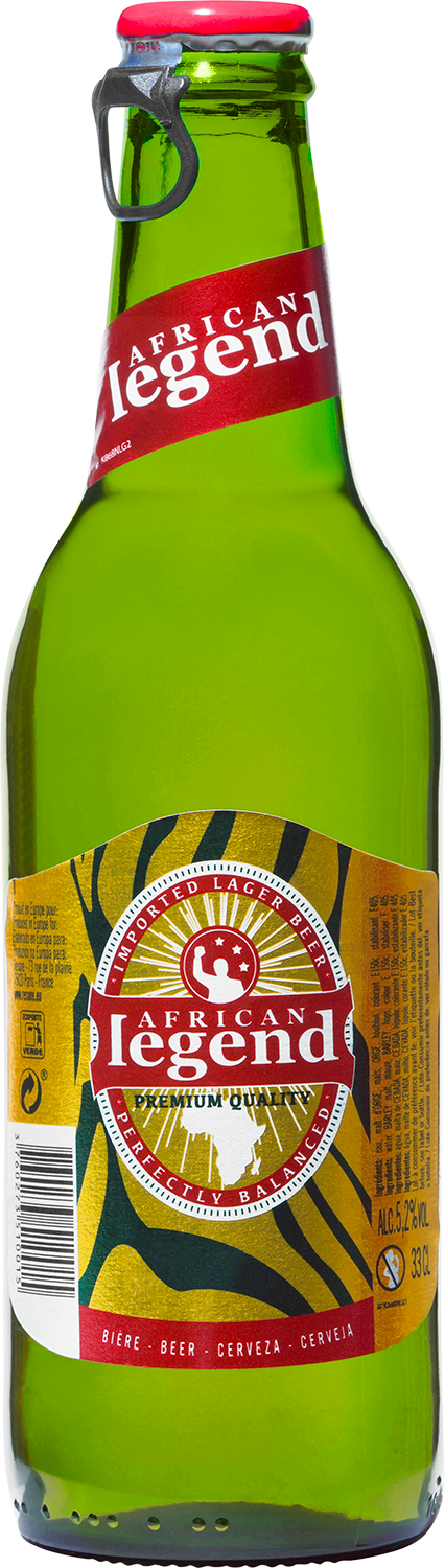 A green glass bottle of African Legend imported lager beer with a red cap, red and yellow label, and an African continent outline on the label.