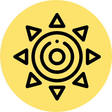 Illustration of a sun with stylized rays and concentric circles in the center, on a yellow background.