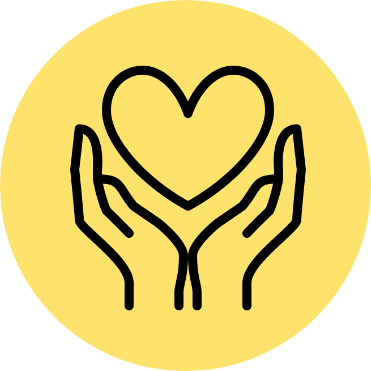 Two hands holding a heart inside a yellow circle.
