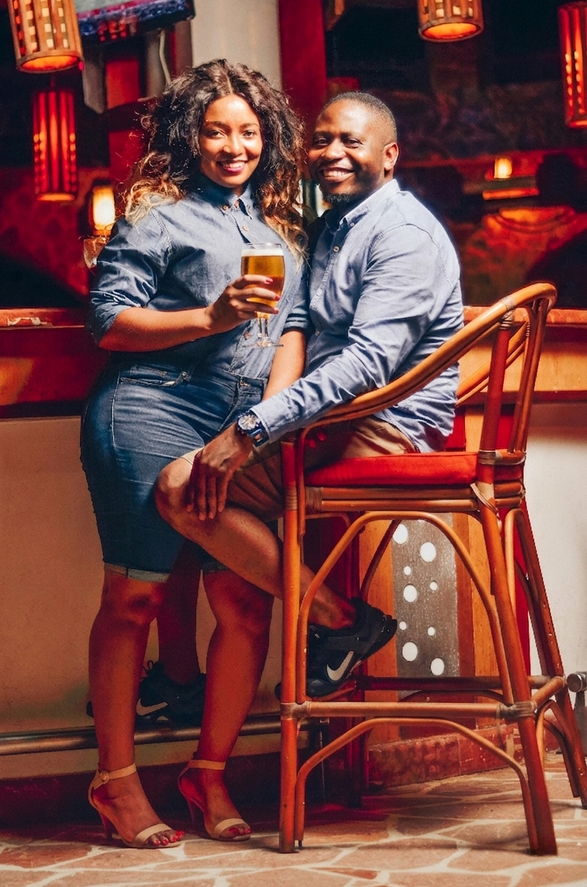 A happy couple enjoying drinks at a bar or restaurant, with warm lighting and cozy decor in the background.
