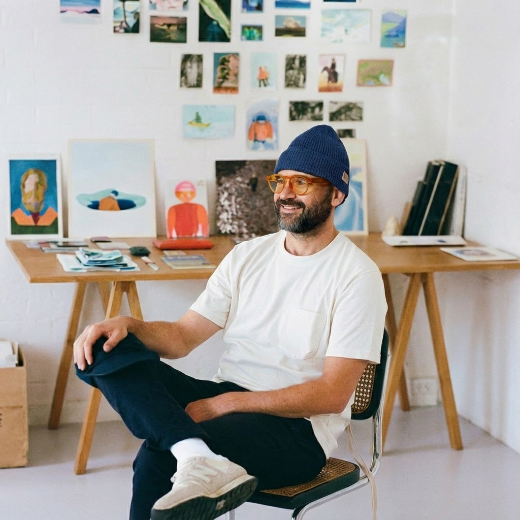 A man sitting on a chair in an art studio, wearing a blue beanie, glasses, a white t-shirt, and dark pants, with a smile on his face. Behind him, a wooden table is covered with art supplies, including paintings, sketches, and books, against a white brick wall decorated with various colorful paintings and photographs.