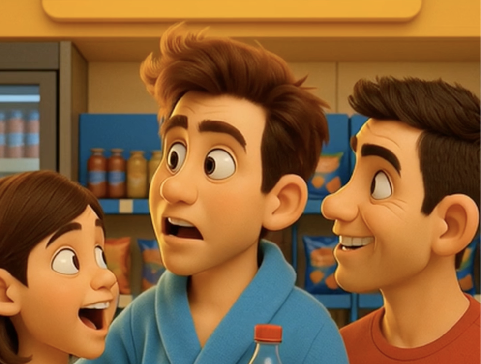 Three animated characters, two males and one female, having a conversation inside a store with shelves of goods in the background.