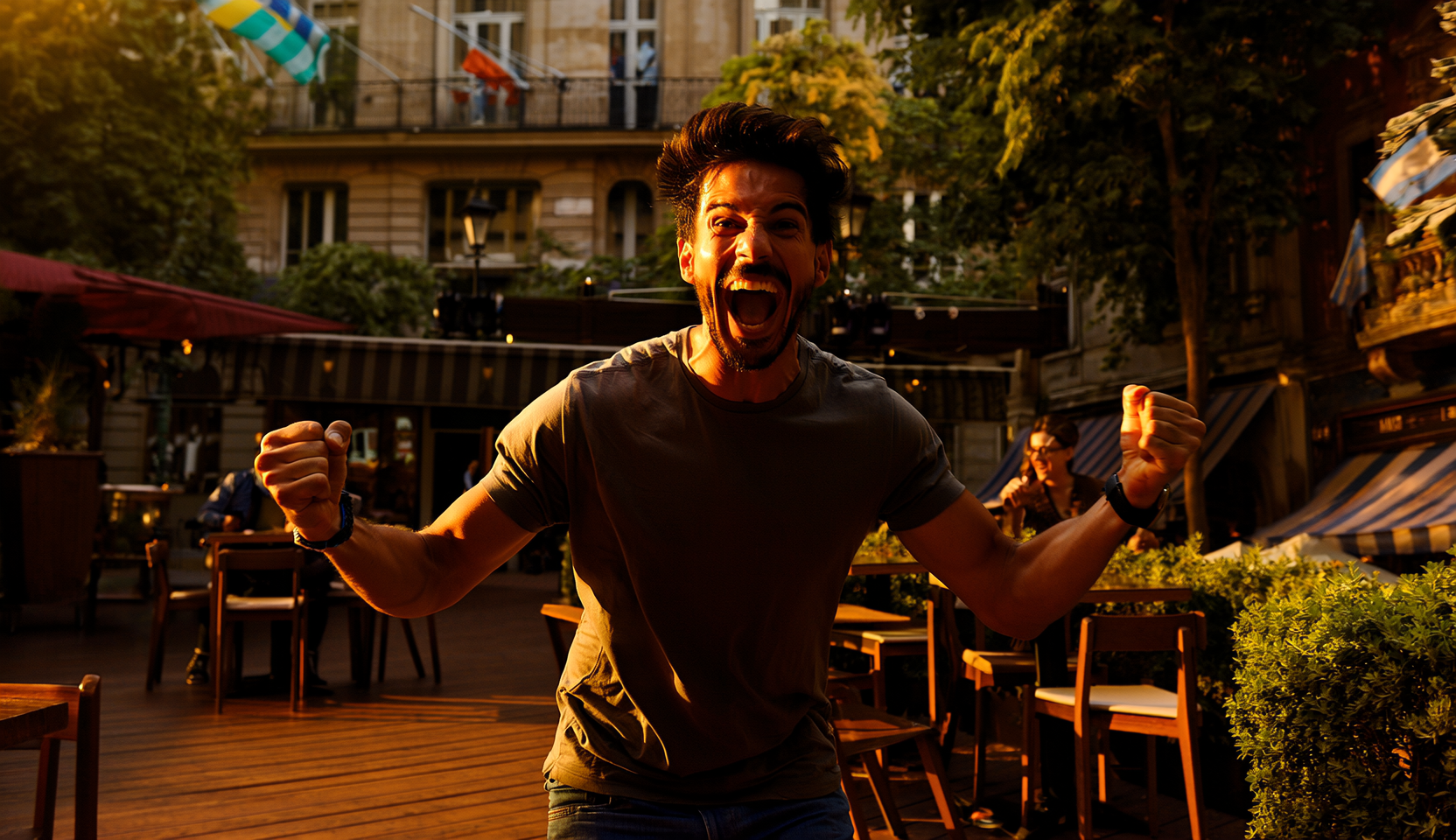 A man with dark hair and beard, wearing a t-shirt, celebrating with clenched fists and open mouth in an outdoor restaurant or cafe, during sunset with warm sunlight.