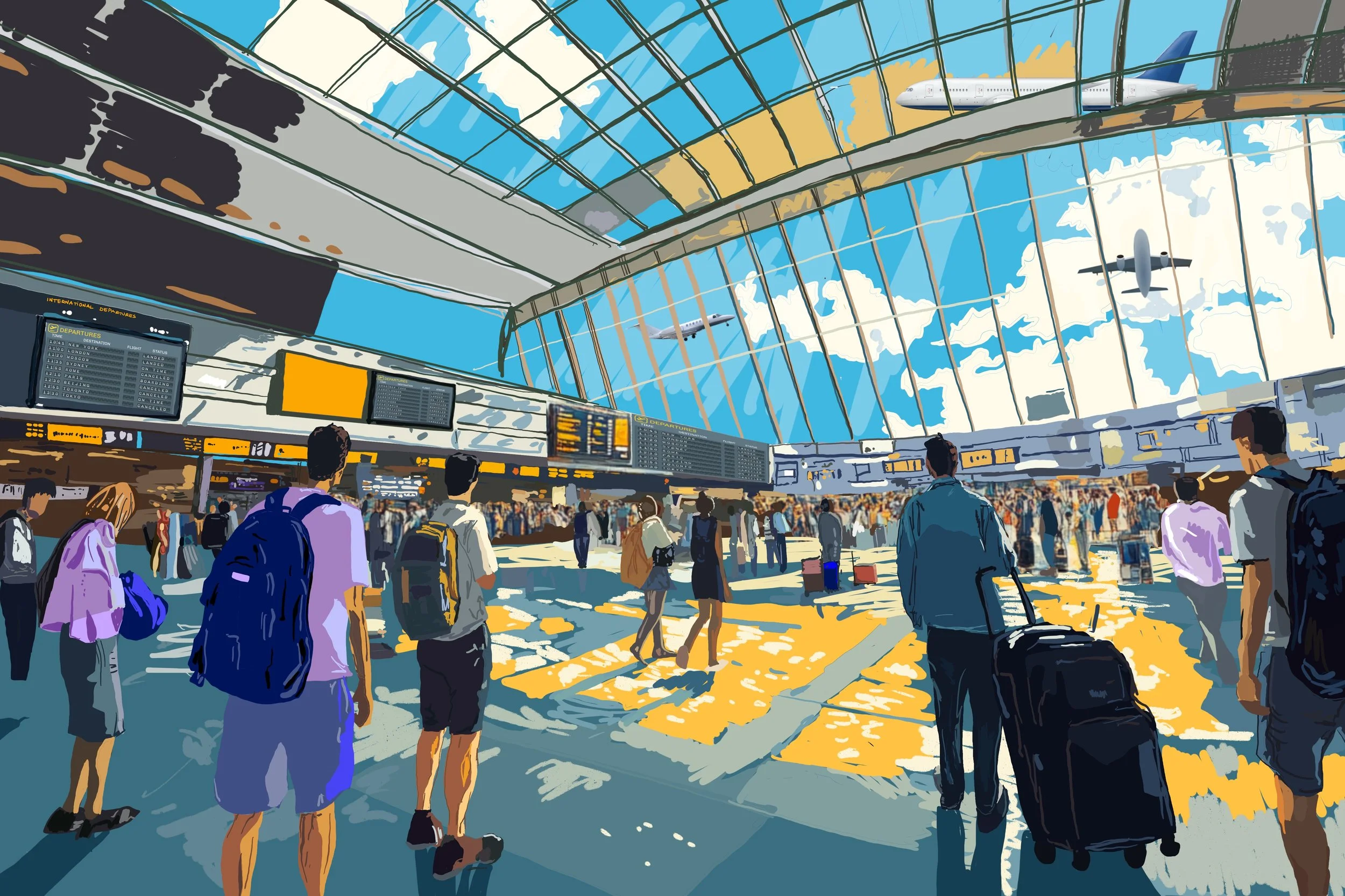 Passengers walking inside an airport terminal with large glass windows showing planes flying overhead.