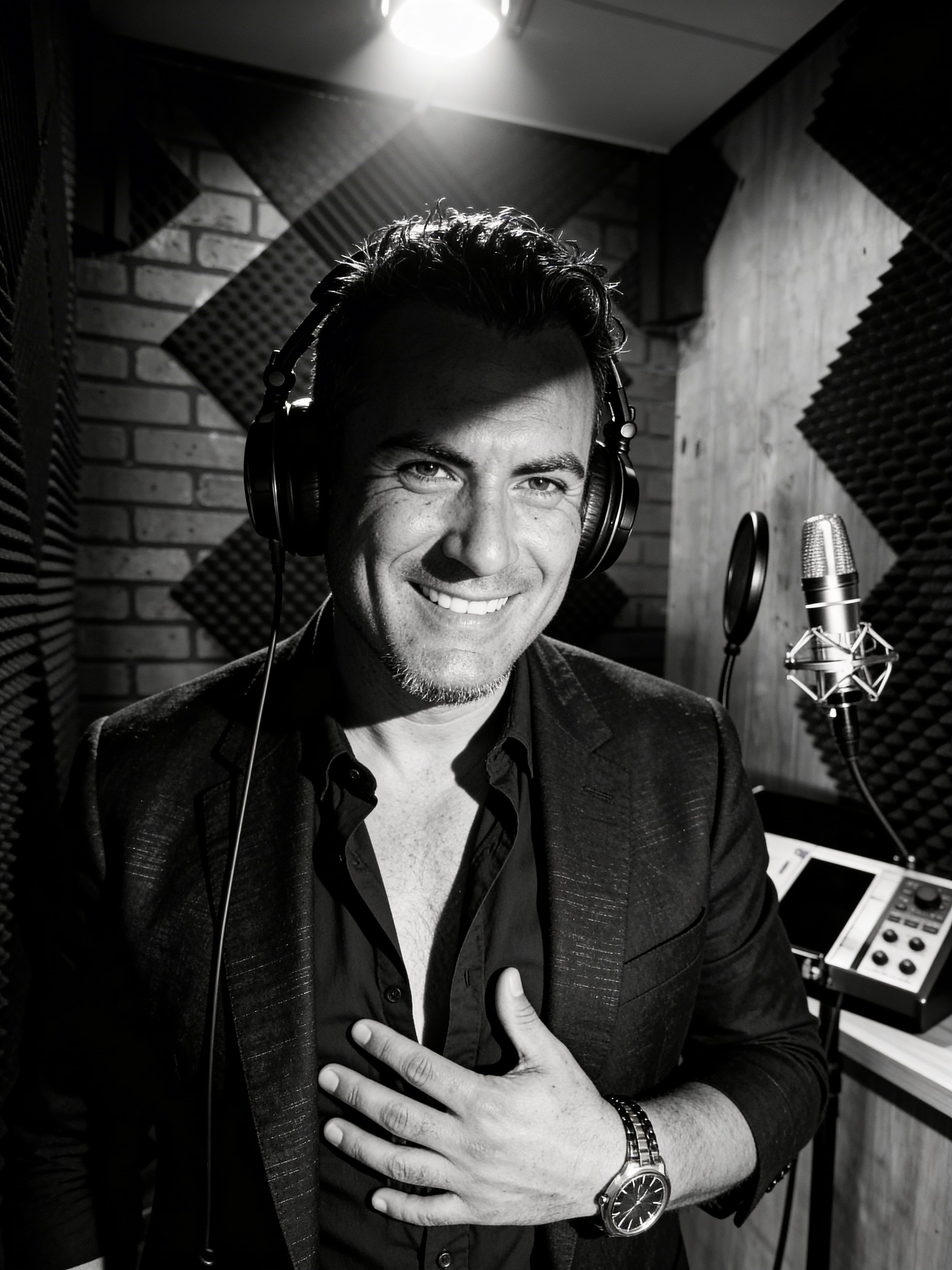 A smiling man in a recording studio wearing headphones, a dark blazer, and a watch, with one hand on his chest, surrounded by soundproofing foam and professional audio equipment.