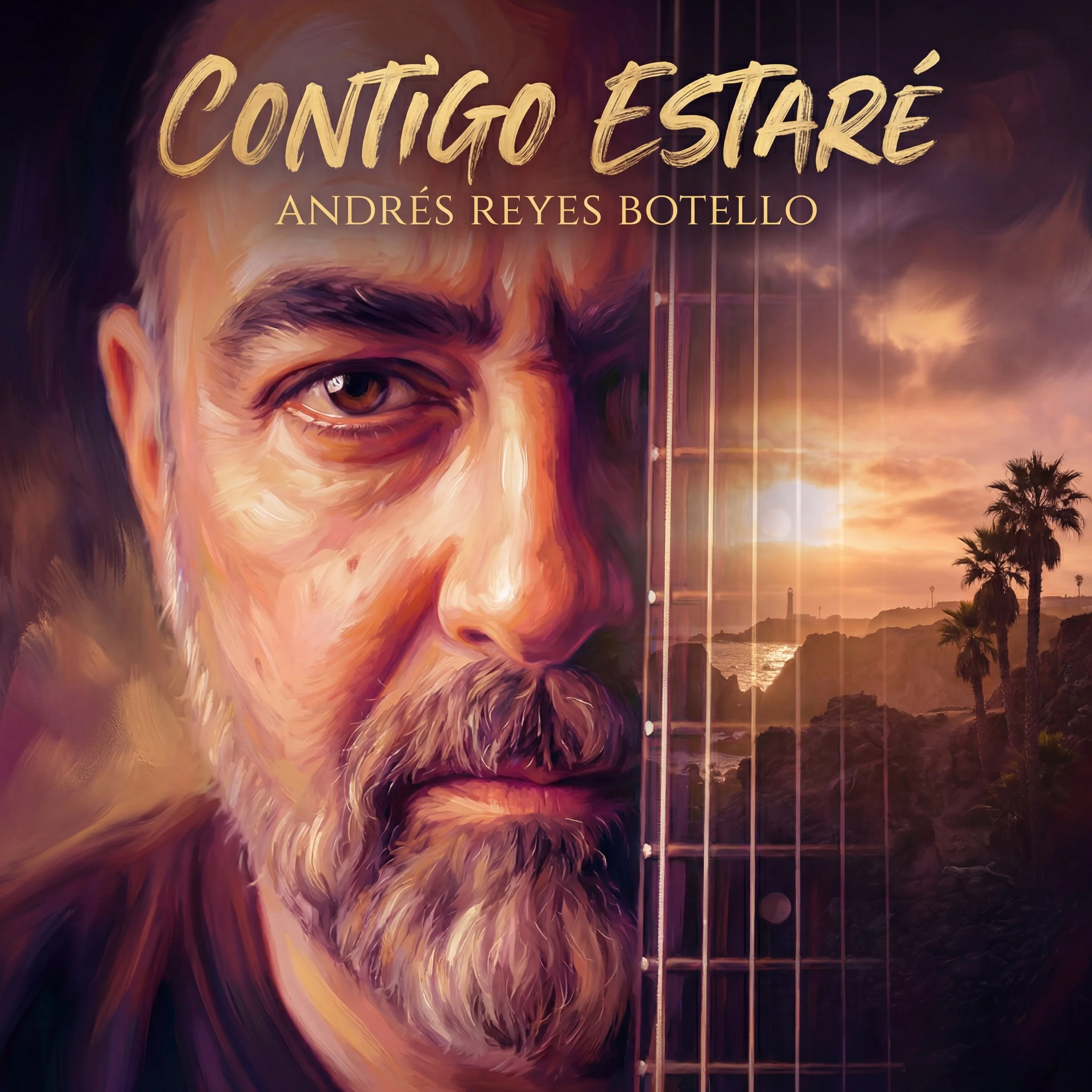 Album cover with a painterly image of a man's face half view, with the title 'Contigo Estarè' above, author's name Andrés Reyes Botello, and a sunset scene with palm trees and cliffs in the background.
