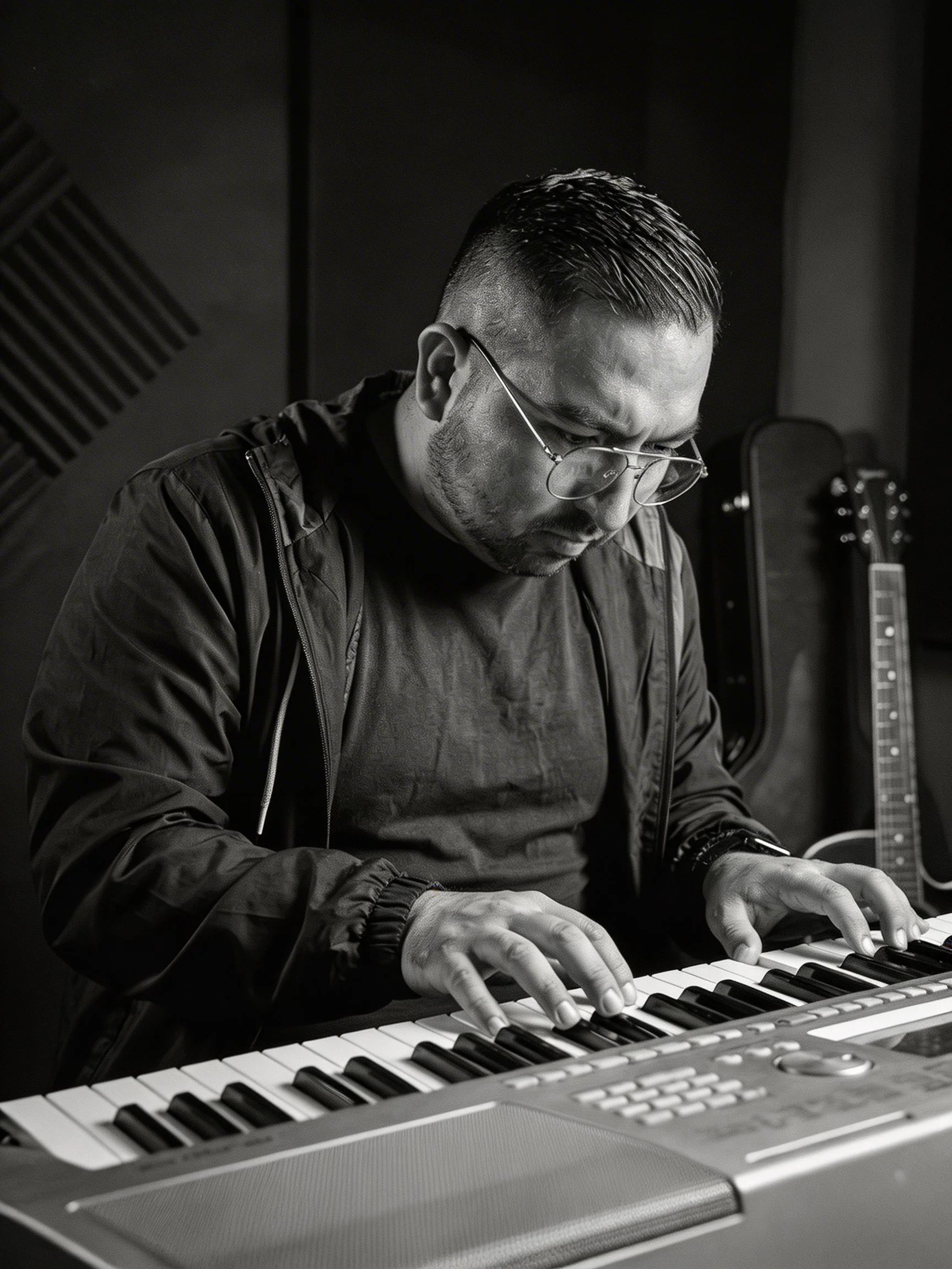A man with glasses playing a keyboard in a music studio, black and white photo.