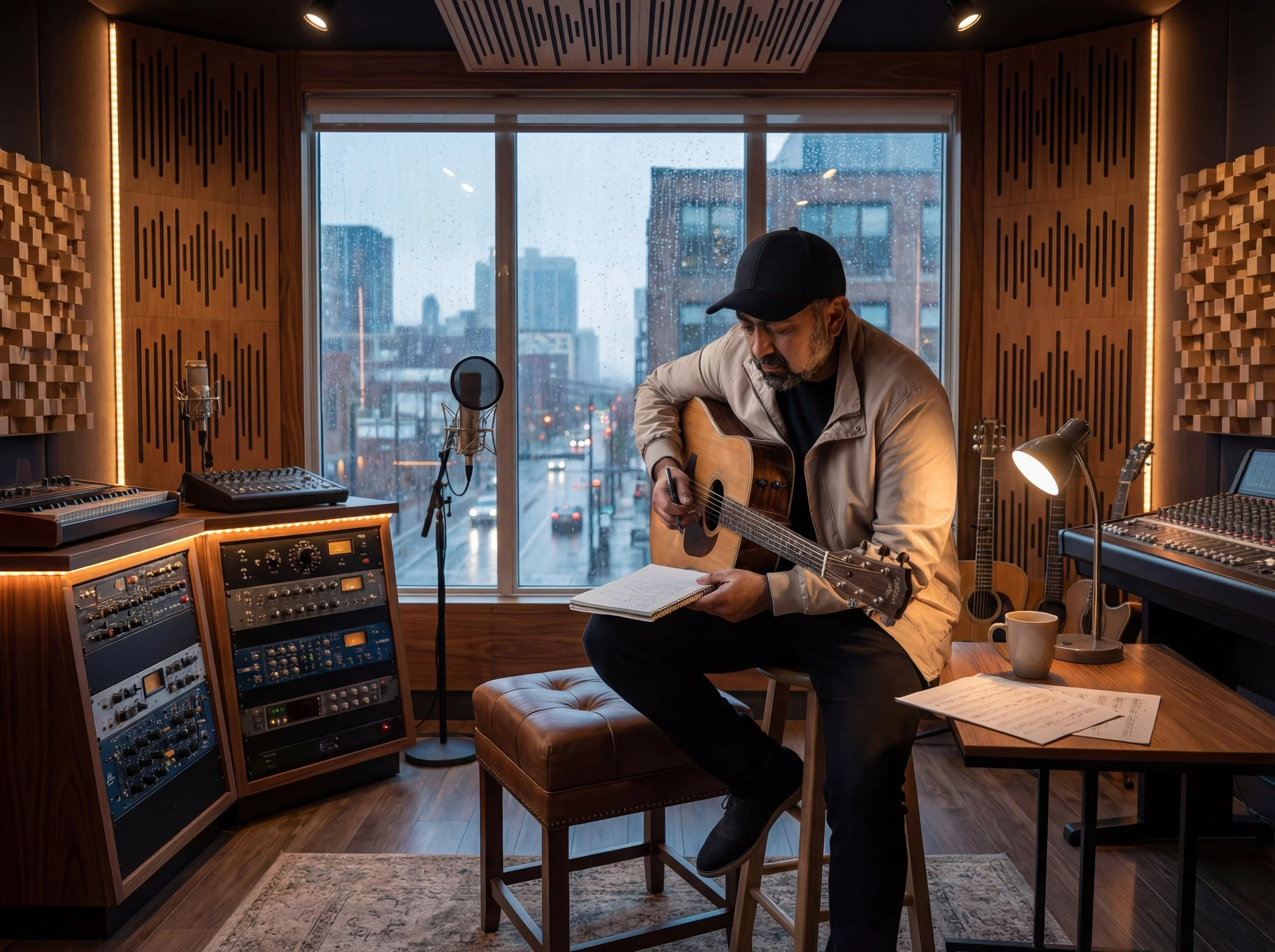 A man sitting on a stool in a music studio, playing an acoustic guitar and writing in a notebook. The studio has two microphones, a keyboard, mixing consoles, and an electric guitar in the background. It has wood-paneled walls with acoustic foam and a large window showing rain and city buildings outside.