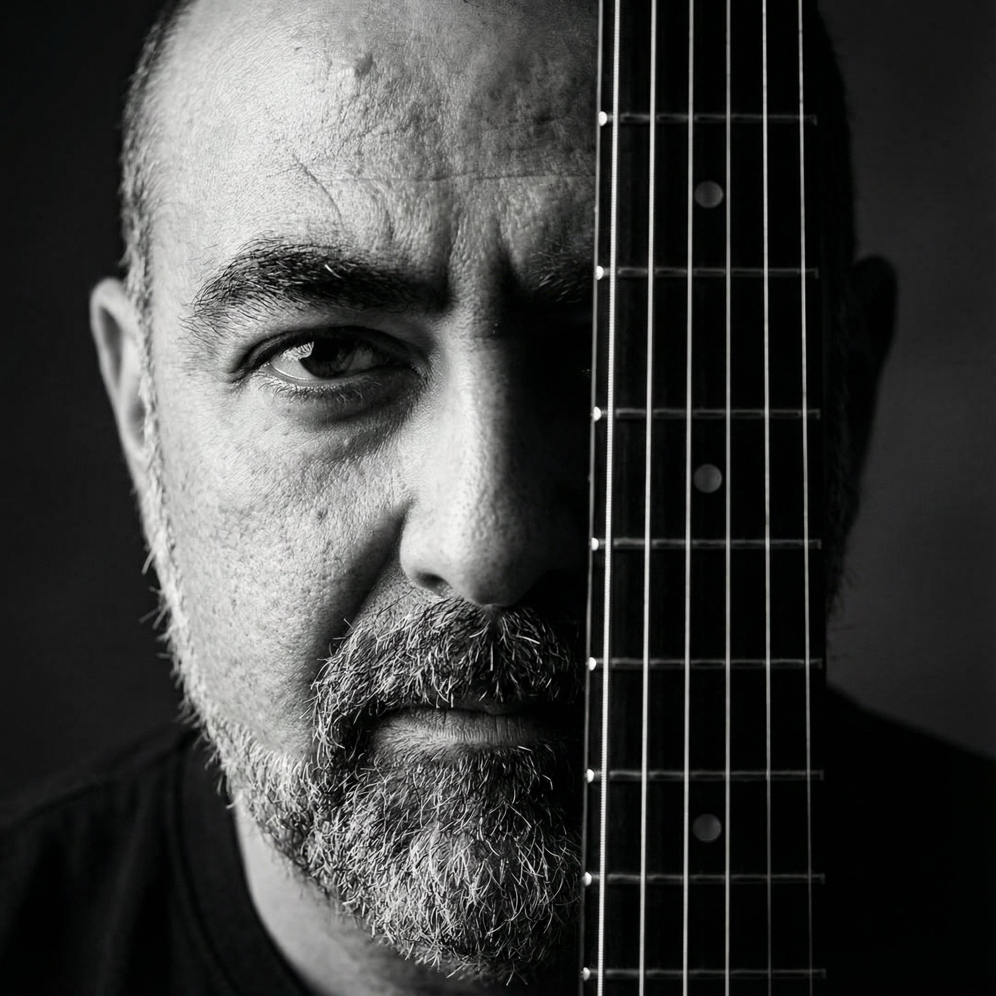A black and white close-up of a man with a beard, with half of his face visible, and the other half obscured by the neck of an electric guitar.