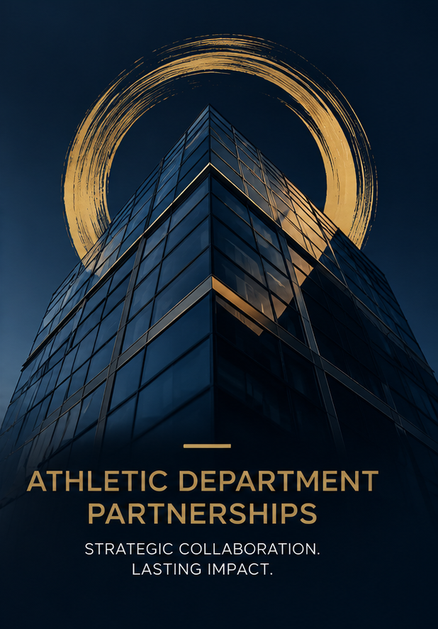 A modern glass building viewed from the bottom, with a glowing gold circular halo above it, against a dark sky. Text reads: 'Athletic Department Partnerships. Strategic Collaboration. Lasting Impact.'