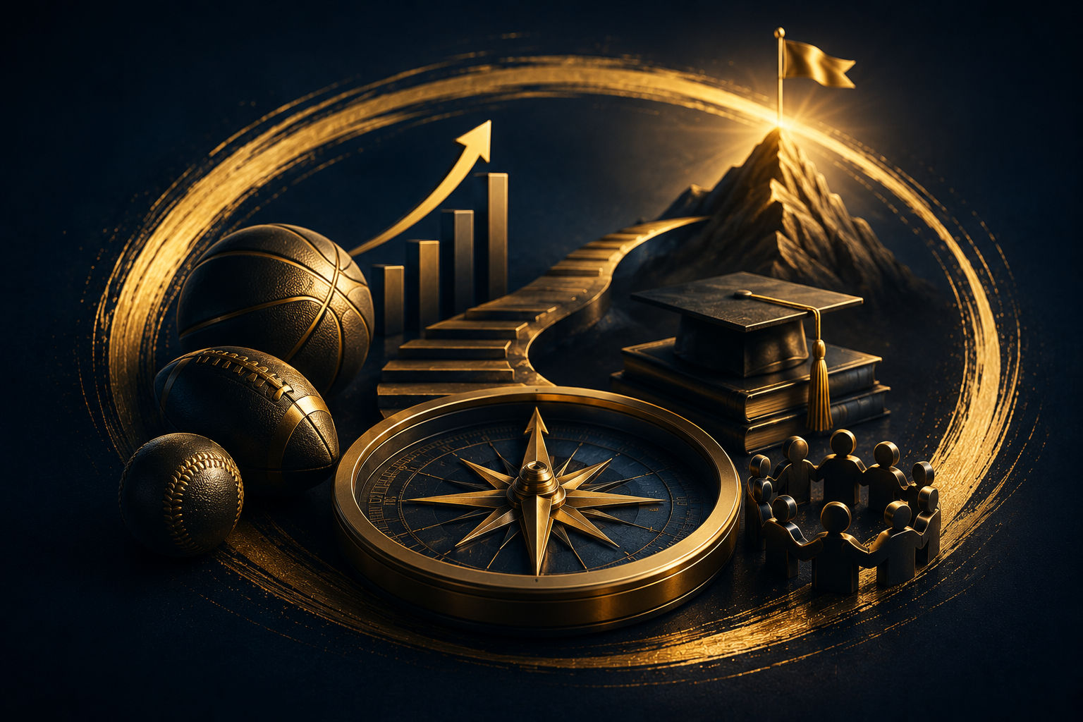 A golden compass, three basketballs, a staircase leading to a mountain with a flag, a stack of books with a graduation cap, and a group of cutout figures in black, symbolizing achievement and progress.
