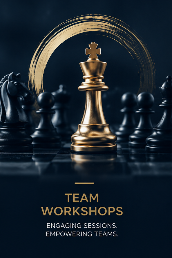 A golden king chess piece in the center of a chessboard surrounded by other black chess pieces, with a golden circular brushstroke behind it. Text below reads 'Team Workshops' and 'Engaging Sessions. Empowering Teams.'