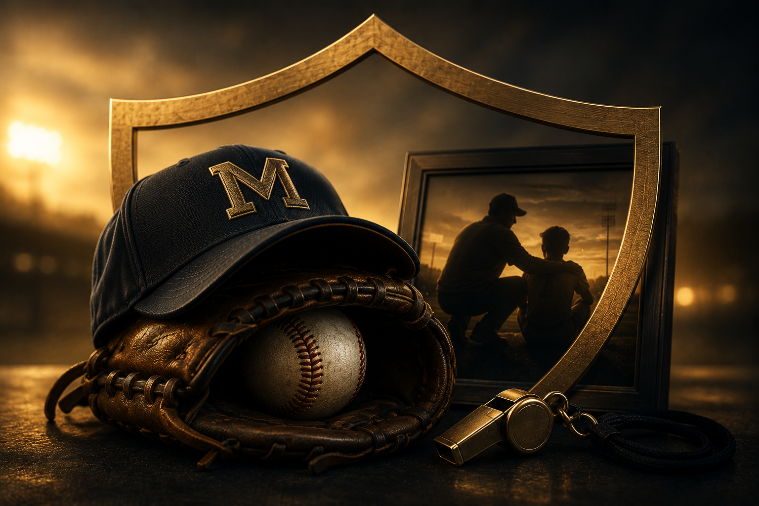 A baseball cap with an 'M' embroidered on it, a baseball glove with a ball inside, a framed photo of a coach and a player at sunset, a gold whistle, and a black whistle with a lanyard, all arranged on a dark surface with a warm, glowing background.