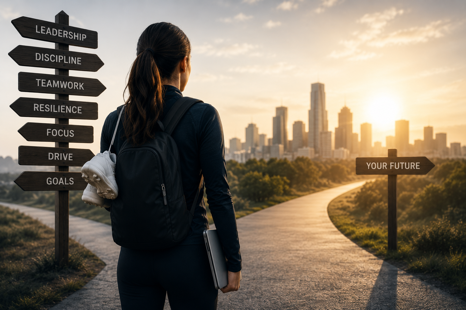 A woman standing on a path with a city skyline in the background at sunrise, carrying a backpack with a pair of shoes hanging on it, and holding a laptop, looking towards future signs with words like 'leadership,' 'discipline,' 'teamwork,' 'resilience,' 'focus,' 'drive,' and 'goals,' while a sign pointing to 'your future' is visible.