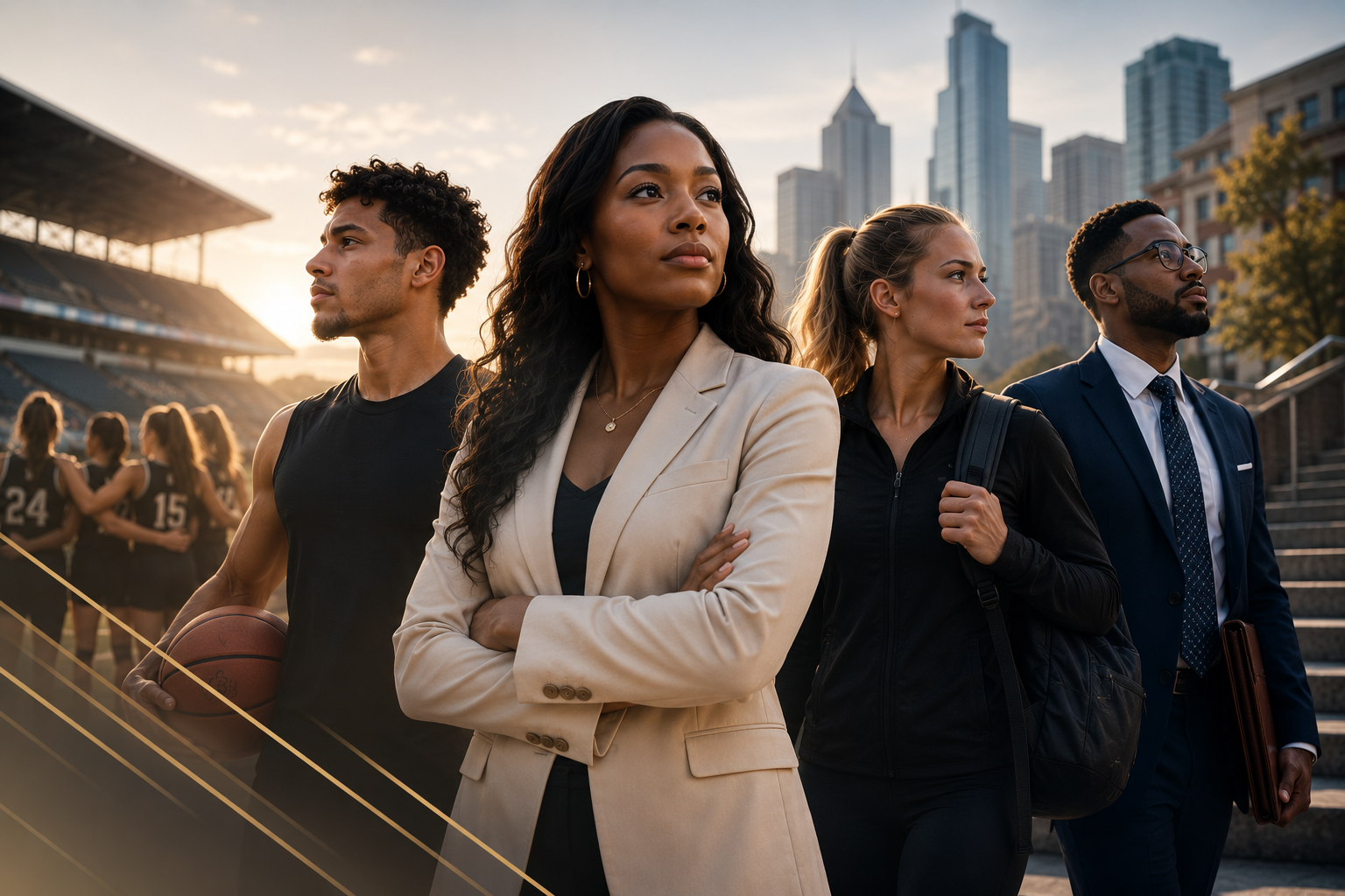 Four diverse individuals standing in front of a city skyline, with a sports field and team in the background, during sunset.