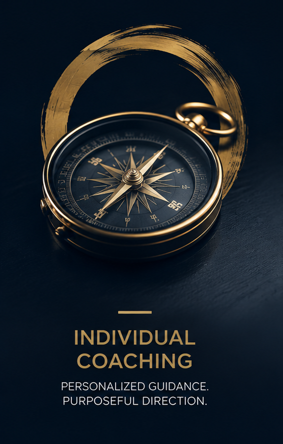 A gold compass with a black face and gold details, placed on a dark surface. The background includes a gold painted circle. Text below reads 'Individual Coaching' with the tagline 'Personalized guidance. Purposeful direction.'