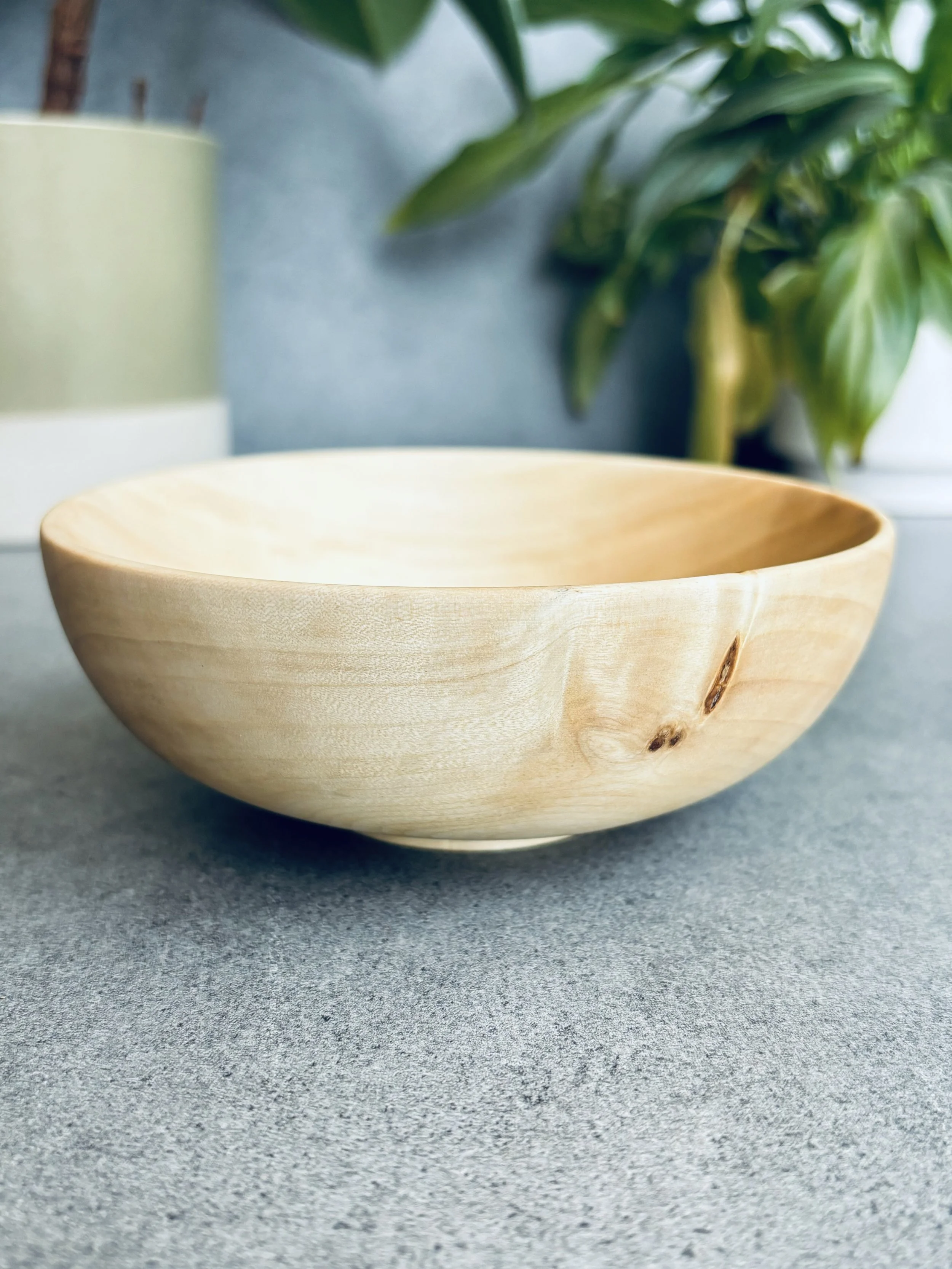 Empty wooden bowl on a gray surface with green plants and a vase in the background.
