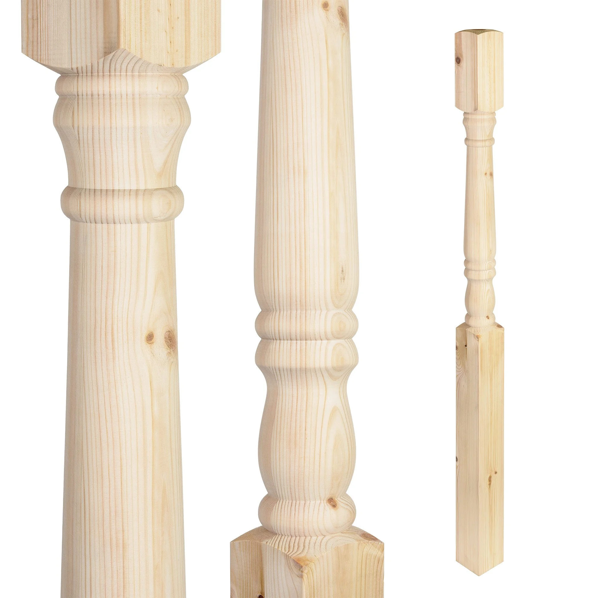 Three wooden balusters with turned designs, shown from different angles.