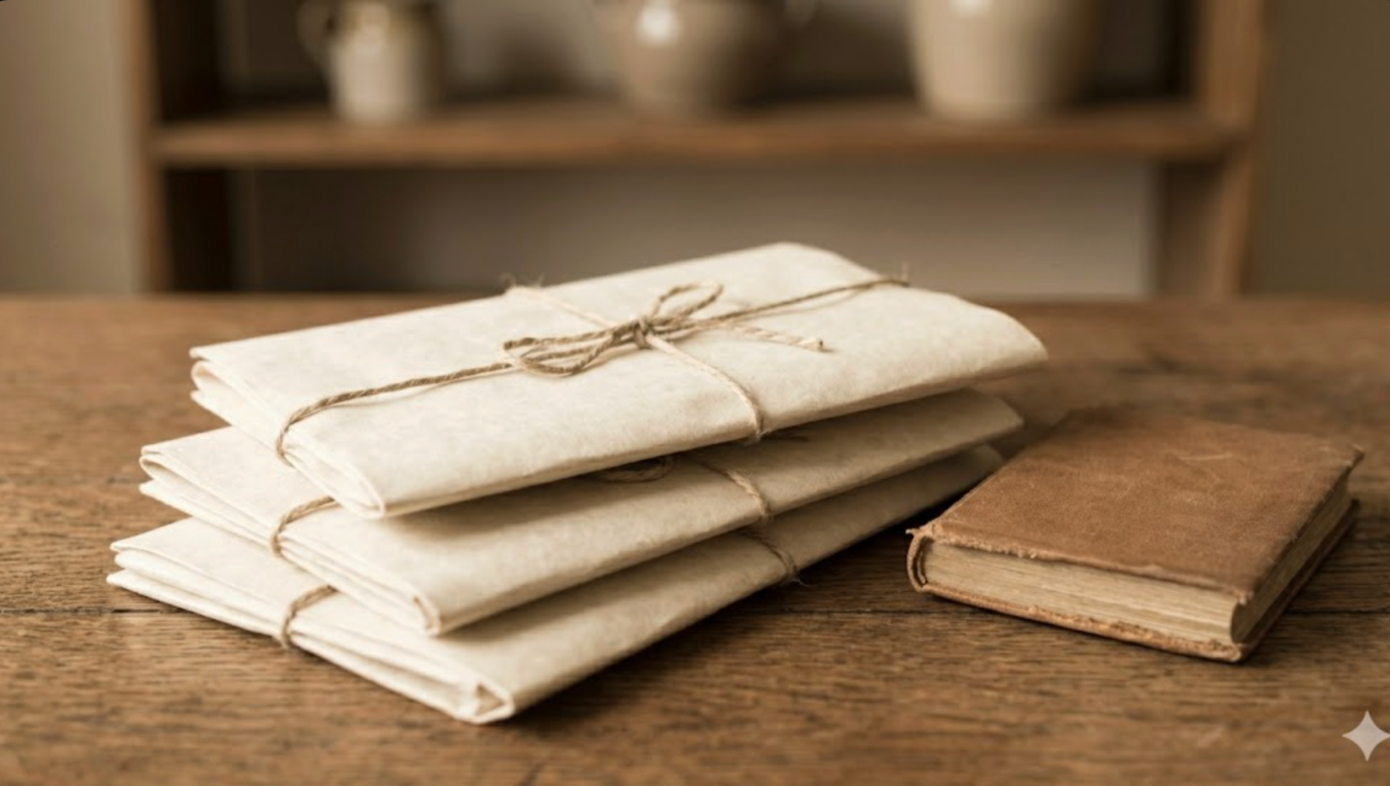 Stack of four wrapped paper packages tied with string next to a small, old, brown leather book on a wooden table.