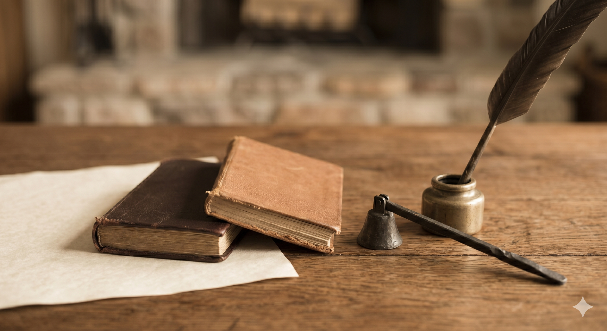 Old books, a feather quill in an ink bottle, a small bell, and a paper on a wooden table.