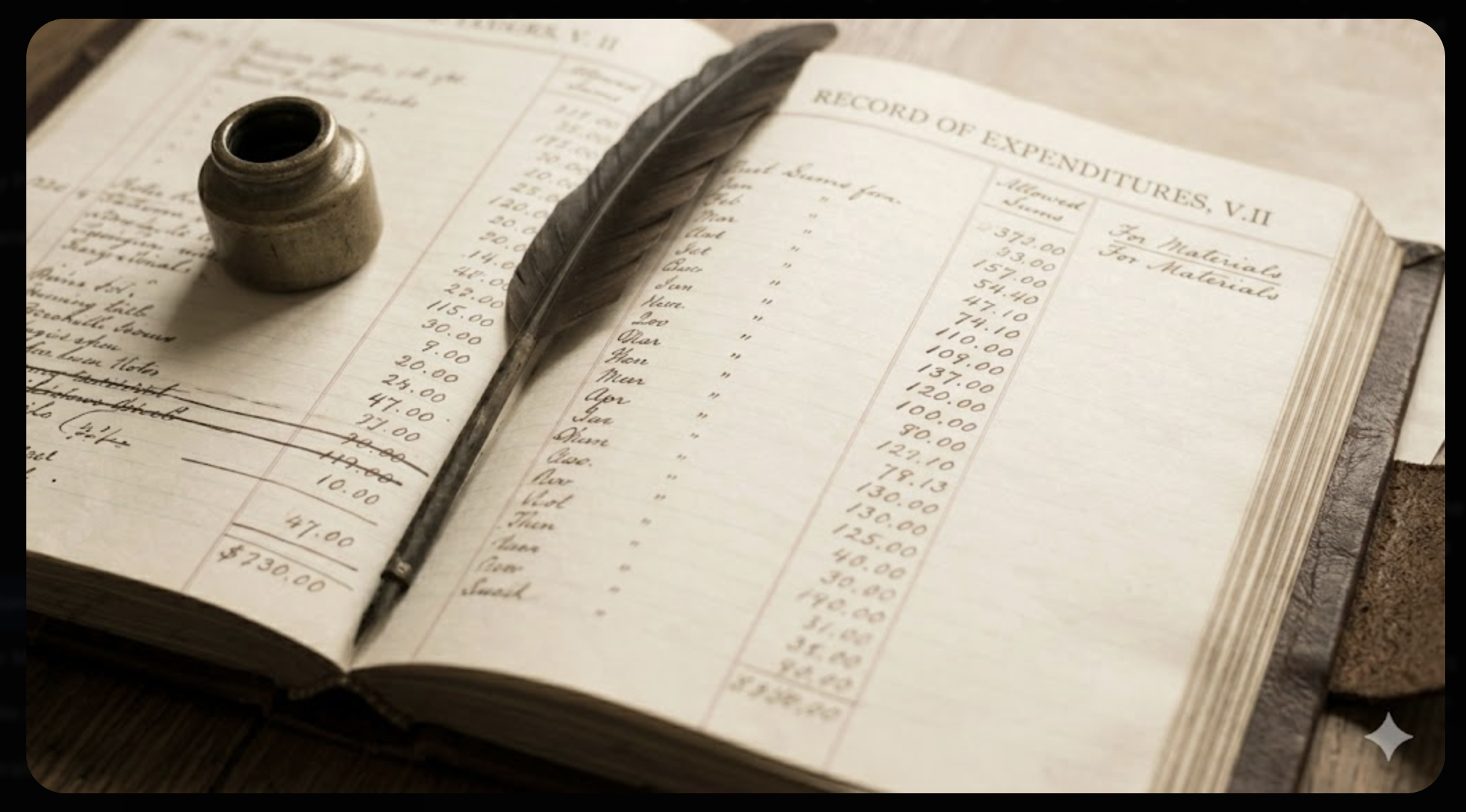 An open vintage ledger book with handwritten entries, an inkpot, and a feather quill pen on a wooden surface.