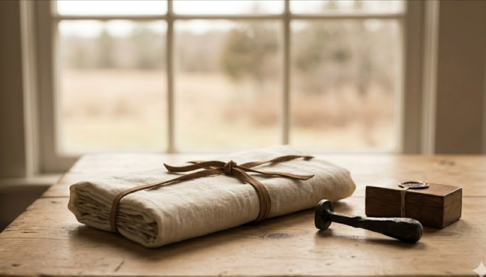 A folded white linen cloth tied with a brown leather strap, a small wooden box with a strap, a vintage hammer, and a coin placed on a wooden table near a window with blurred outdoor scenery.