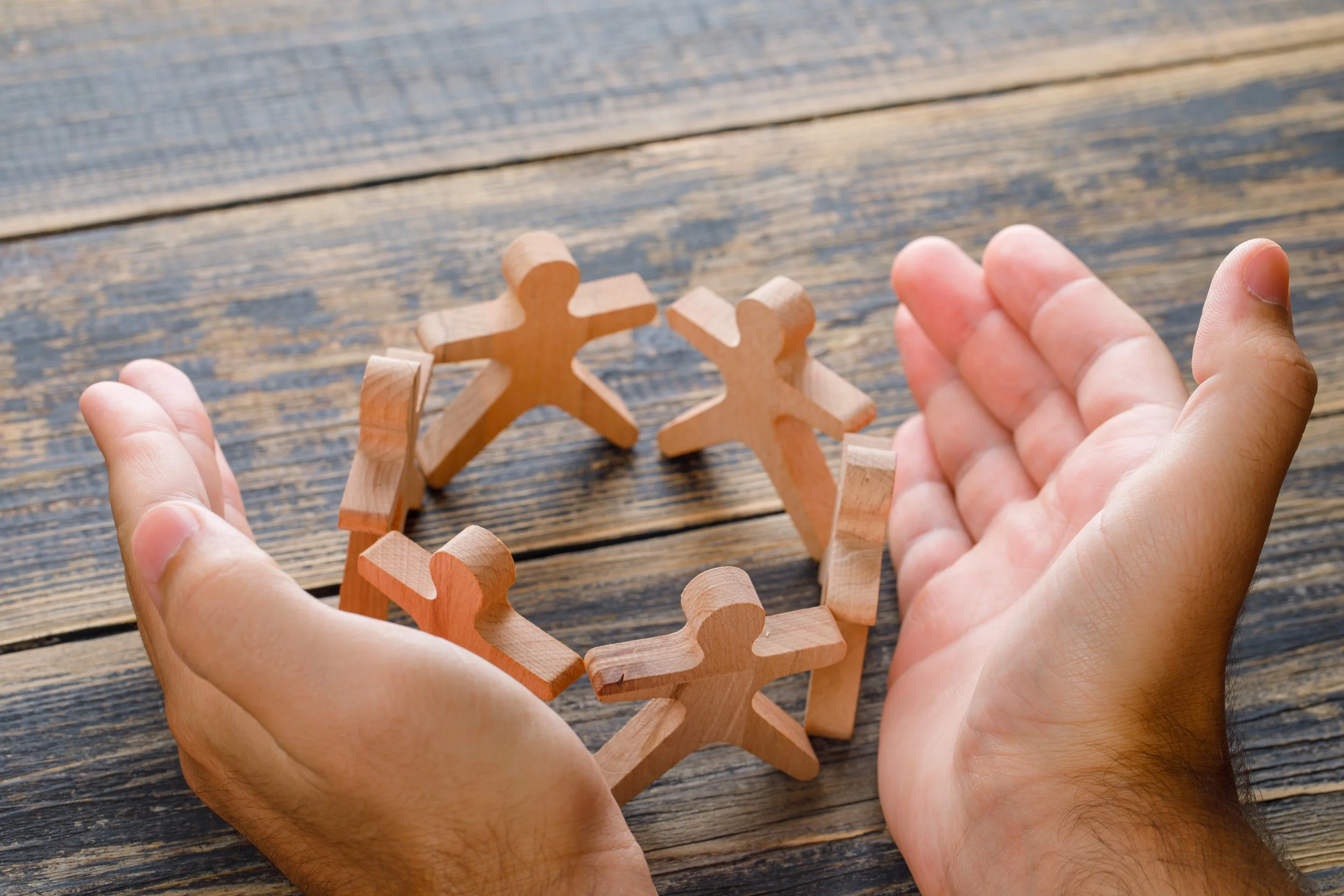 Hands holding a circular wooden puzzle.