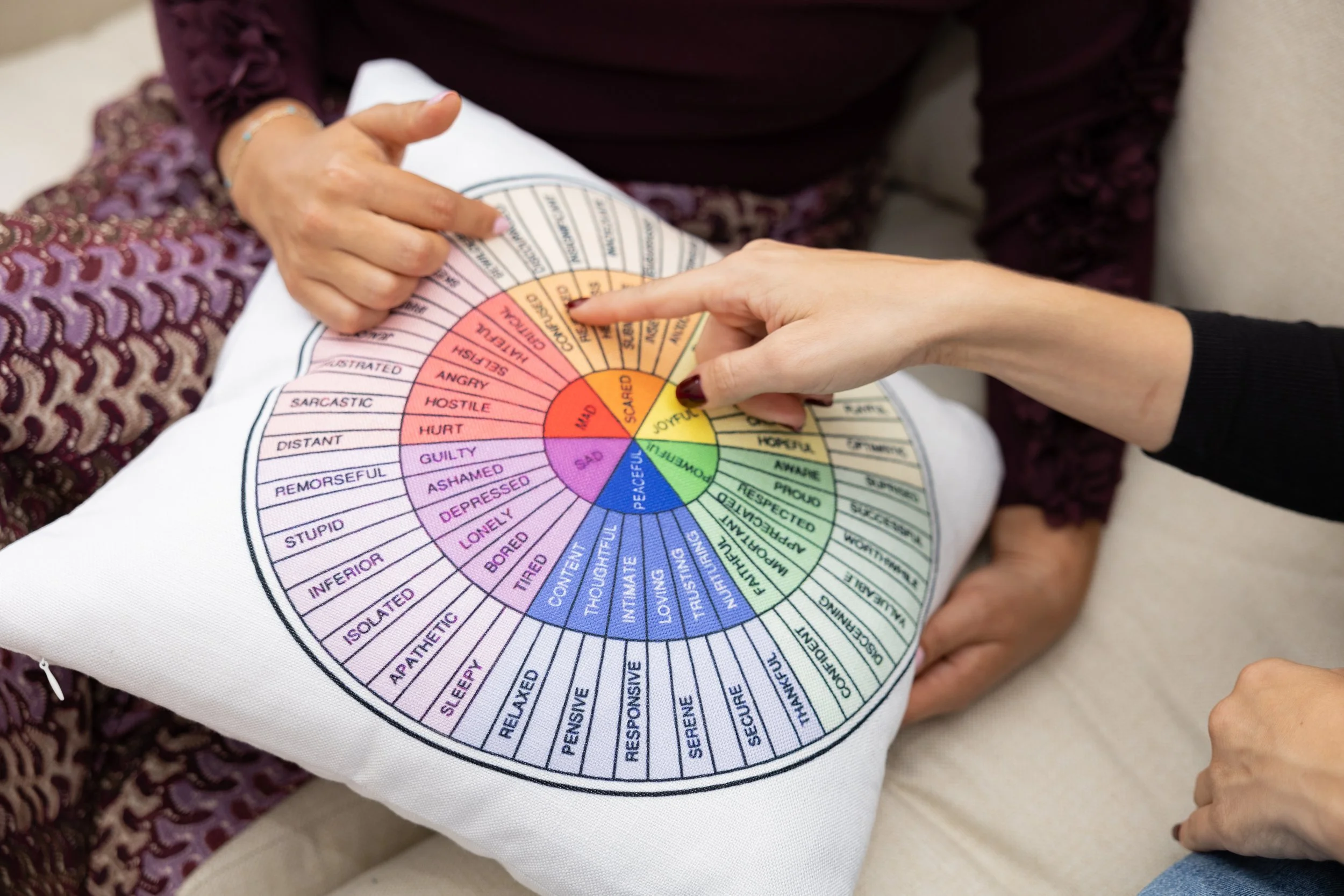 Close-up of two people pointing at a pillow displaying the Emotion Wheel.