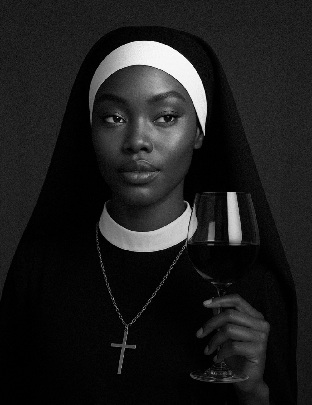 A black-and-white portrait of a woman wearing a religious habit similar to a nun's, with a head covering and a cross necklace, holding a glass of red wine.