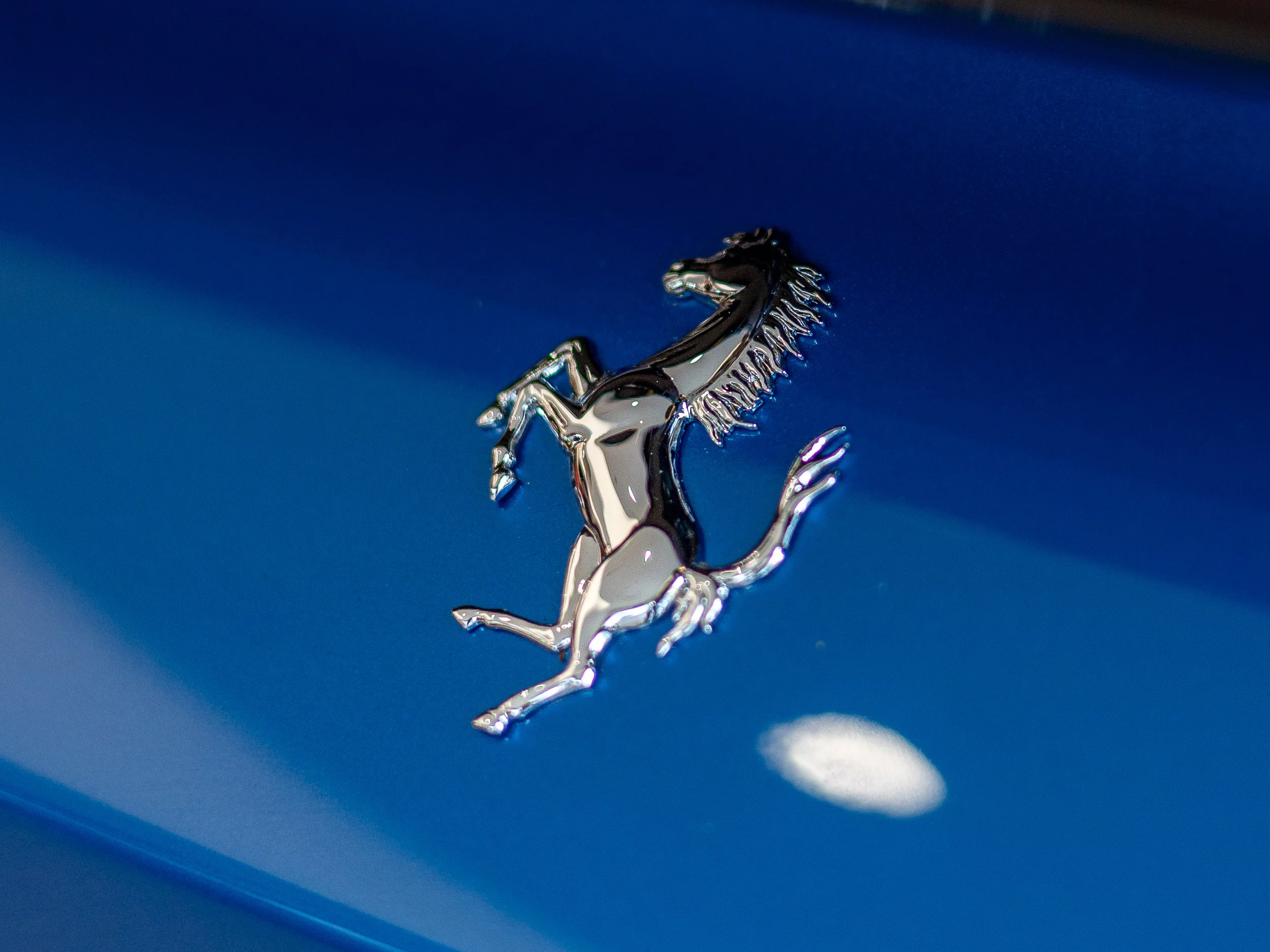 Close-up of a silver prancing horse emblem on a blue car.