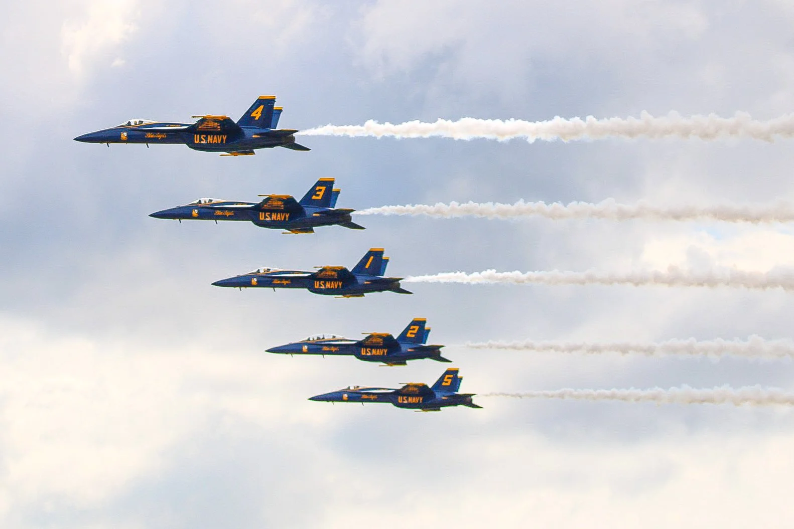 Five U.S. Navy jet fighters flying in a formation, leaving white smoke trails against a cloudy sky.