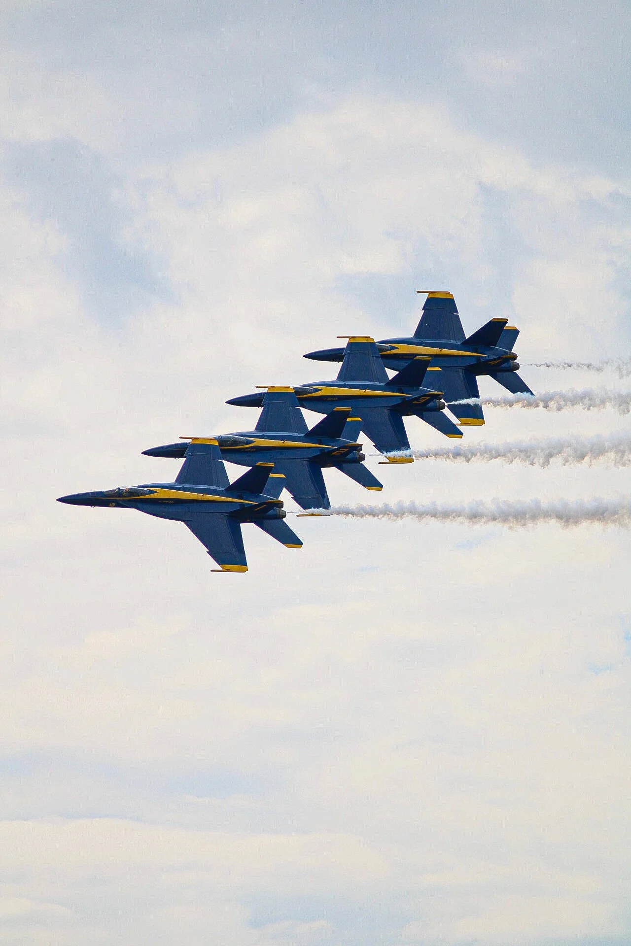 A formation of six blue fighter jets with yellow accents flying in a diagonal line, leaving white smoke trails in the sky.