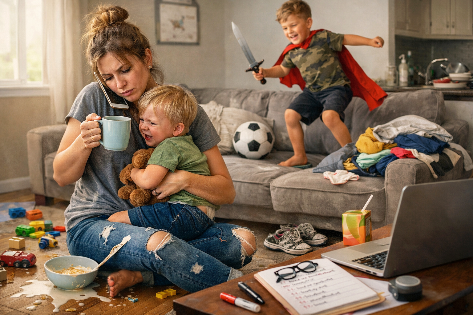 A candid moment of a busy mom sitting on the floor of a cluttered living room, holding a crying toddler in one arm while balancing a coffee mug and a phone. Toys and spilled cereal are scattered around her, while an energetic young boy wear.