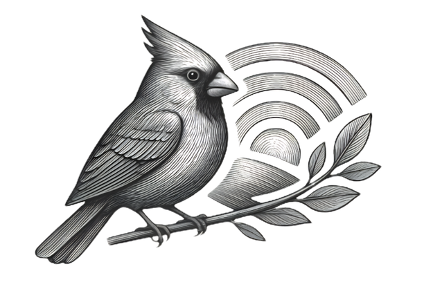 Black and white illustration of a cardinal bird perched on a branch with leaves, with a Wi-Fi icon in the background.
