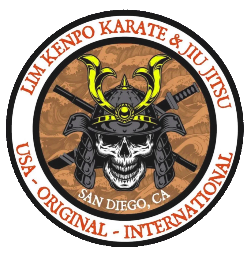 A circular emblem for LM KENPO KARATE & JIU JITSU in San Diego, California. It features a skull wearing a samurai helmet with yellow antlers, two crossed swords behind the skull, and a background of swirling clouds.