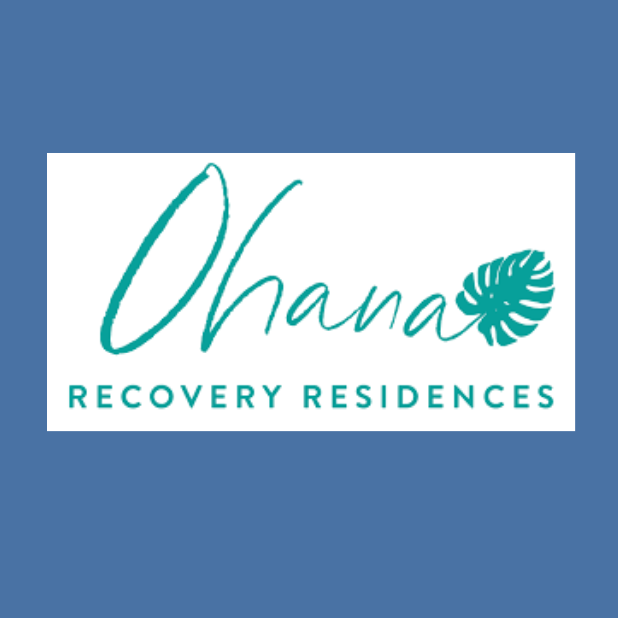 Logo for Ohana Recovery Residences with teal script font and a teal tropical leaf, on a white background with a blue border.