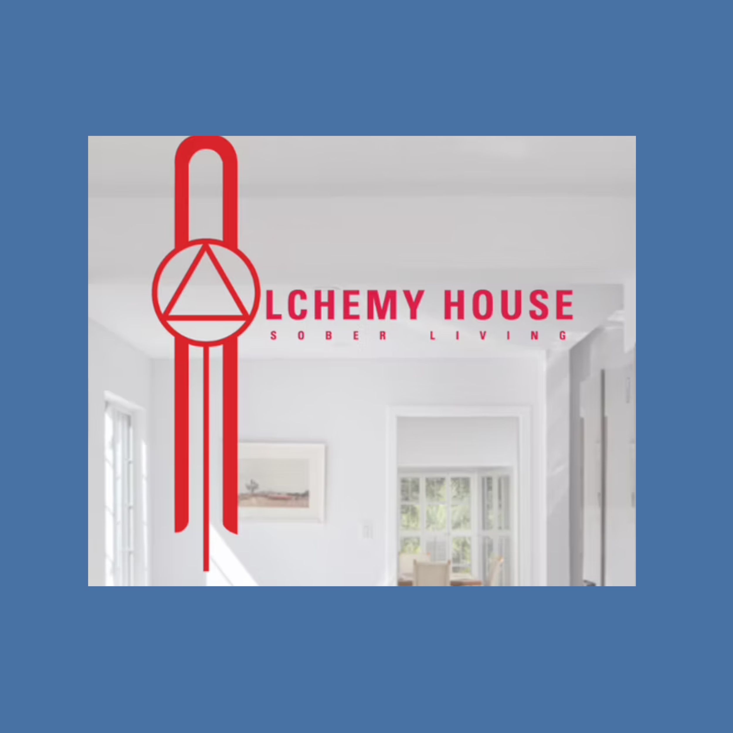 Logo of Alchemy House Sober Living with a red dreamcatcher design and the text 'ALCHEMY HOUSE SOBER LIVING' over a background of a bright, white living room with windows and chairs.