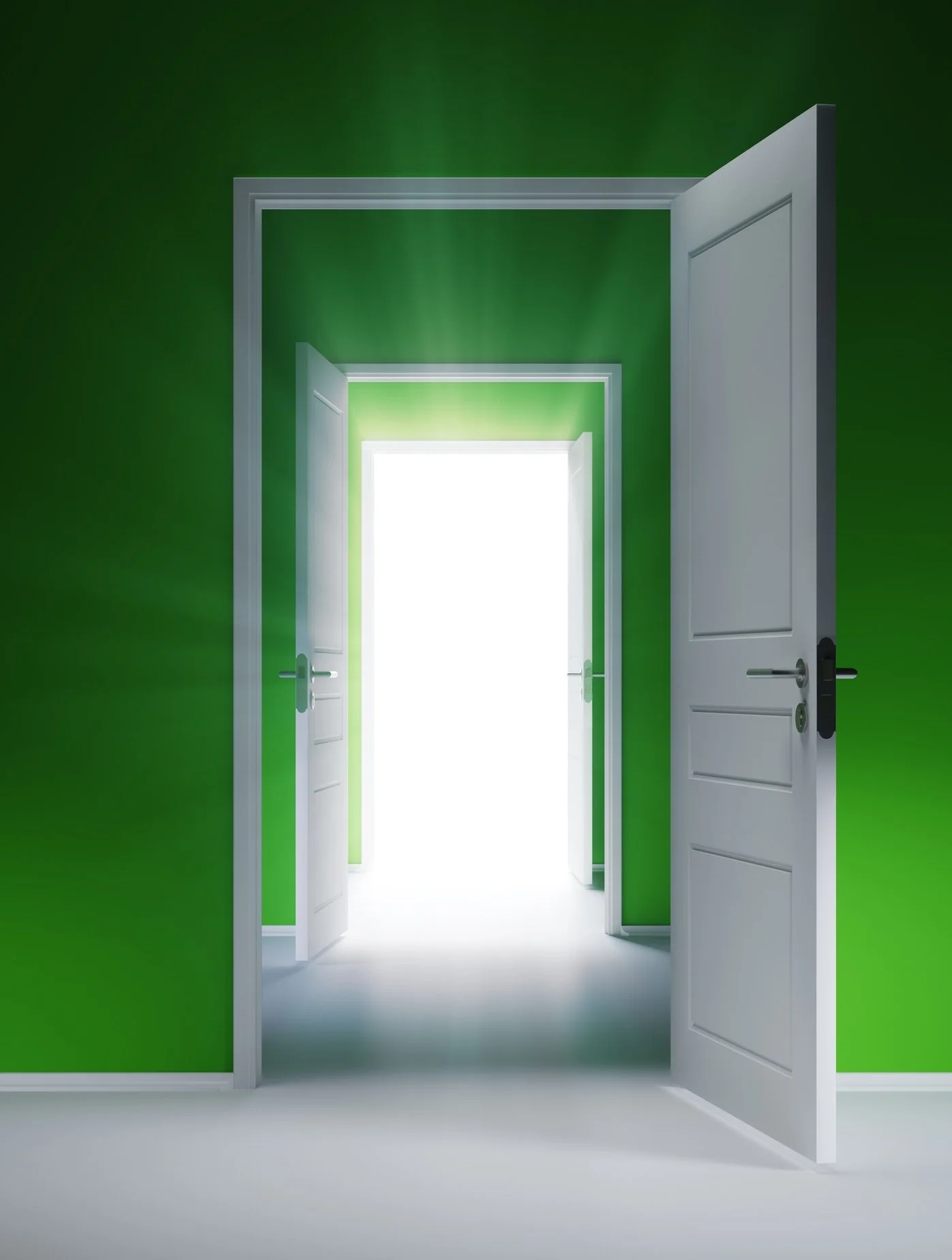 Open white doors leading to a bright, overexposed outdoor scene with green walls inside.